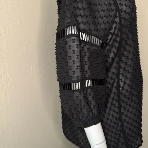 OHNE TITLE Rare Sheer Swiss Dot Loose Fit Black Blouse Tie Neck 3/4 Sleeves Sz 6 - Picture 5 of 15